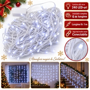 Instalație LED tip ploaie, 240 LED, 6 m, alb rece, interconectabilă, fir alb