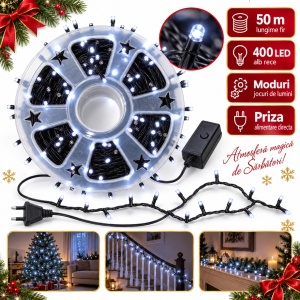 Instalație LED tip rolă, 50 m, 400 LED alb rece, fir negru