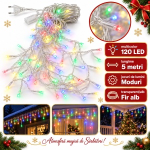 Instalatie LED Tip turturi , 120 LED-uri multicolor, 5 m, fir alb, multiple jocuri de lumini
