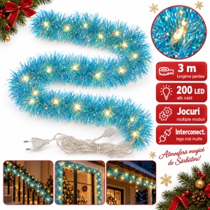 Instalație perdea, beteală albastră, 200 LED alb cald, 3 m, fir 1 m, interconectabilă