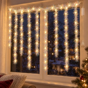 Instalație perdea cu beteală albă irizantă, 3 m, fir 1 m, 200 LED alb cald, interconectabilă - Img 7