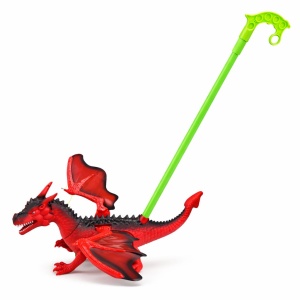 Jucarie de impins dragon rosu cu aripi si roti, model interactiv copii rosu