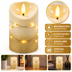 Lumânare decorativă LED cu efect flacără, sclipici auriu, plastic, 15x9 cm