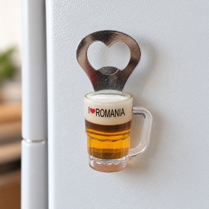 Magnet de frigider cu desfăcător, halbă de bere I ❤ ROMANIA, aprox. 8,5 × 4 cm - Img 4