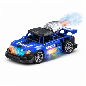 Masinuta electrica racing albastra cu efect fum, lumini si sunete, bump & go, 21x10,5 cm - Img 2