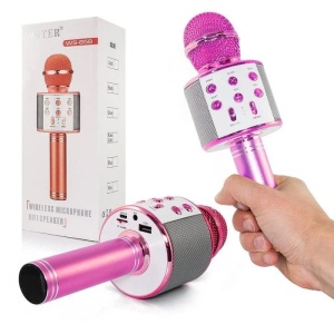 Microfon karaoke wireless Bluetooth cu difuzor, voice changer, USB si TF Card, roz intens