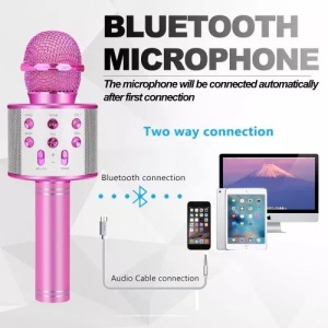 Microfon karaoke wireless Bluetooth cu difuzor, voice changer, USB si TF Card, argintiu - Img 4
