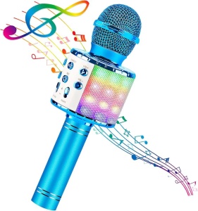 Microfon karaoke wireless cu boxa Bluetooth, lumini LED si efecte vocale, albastru - Img 3