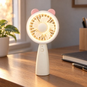 Mini ventilator portabil de mână, bej, cu lumină LED și 3 trepte de viteză - Img 4