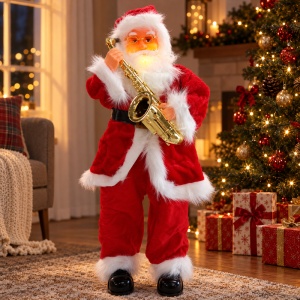 Moș Crăciun decorativ de Crăciun cu saxofon, cântă, dansează, luminează, 93 cm, baterii - Img 4