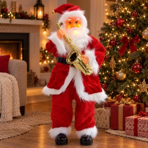 Moș Crăciun decorativ de Crăciun cu saxofon, cântă, dansează, luminează, 93 cm, baterii - Img 9