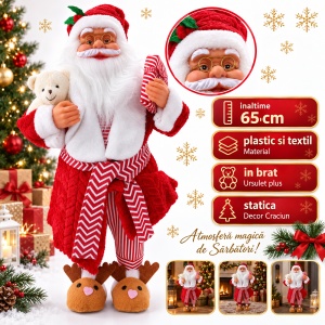 Moș Crăciun în pijamale cu ursuleț de pluș, plastic și textil, 65 cm - Img 2