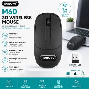 Mouse Wireless M60 Negru 2.4GHz – Mouse Optic Wireless Ergonomic cu Receptor USB pentru PC și Laptop - Img 2