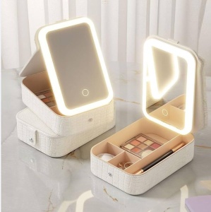 Oglinda cosmetica LED cu organizator bijuterii si cosmetice, 3 moduri lumina, reincarcabila, alb