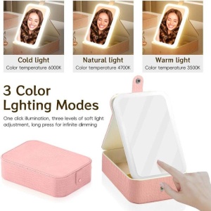 Oglinda cosmetica LED cu organizator bijuterii si cosmetice, 3 moduri lumina, reincarcabila, roz - Img 7