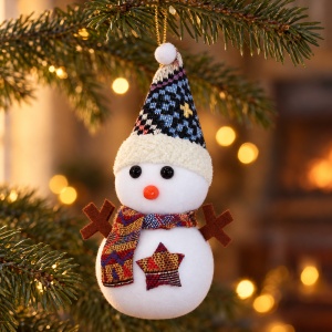 Ornament de Crăciun pentru brad, om de zăpadă pufos, polistiren și textil, 15,5 cm - Img 3
