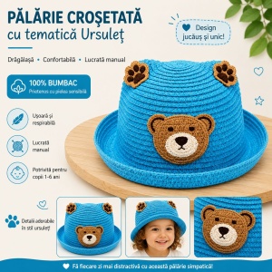 Palarie bleu copii cu ursulet, crosetata manual, bumbac, model vesel - Img 2