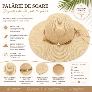Pălărie de Soare Damă Bej cu Bor Lat și Accesorii Boho - Img 2