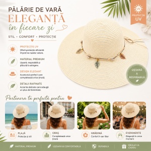 Pălărie de Soare Damă Crem cu Bor Lat și Accesorii Decorative – Elegantă - Img 2