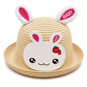 Palarie de Vara Crem cu Iepuras Roz pentru Copii, Protectie UV si Design Adorabil