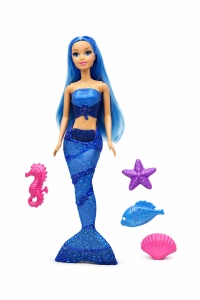 Papusa sirena albastra cu accesorii marine, set jucarie 37 x 16 cm