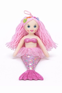 Papusa sirena muzicala roz deschis din material textil 40 cm, canta Bau Bau