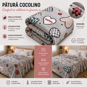 Patura Cocolino Pufoasa cu Model Inimi Happy, 200x220 cm, Gri