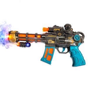 Pistol jucarie electric cu efect fum, lumini LED si sunete, model futuristic premium albastru-negru