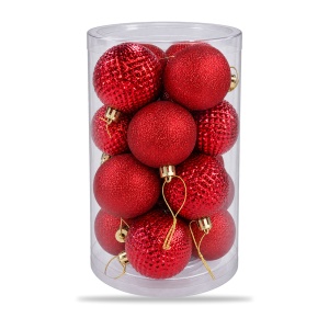 Set 16 globuri de Crăciun roșii, plastic, 2 modele, agățătoare aurie, tub 30x18 cm - Img 2
