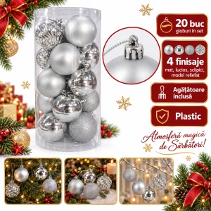 Set 20 globuri de Crăciun argintii, plastic, 4 finisaje, agățătoare incluse, tub 46x18 cm