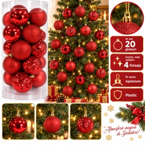 Set 20 globuri de Crăciun roșii, plastic, 4 finisaje, fir auriu, ambalaj 41x17 cm