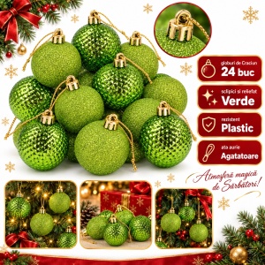 Set 24 buc globuri brad verzi, plastic, modele diverse, sclipici/relief, cutie aprox. 33 × 17 cm
