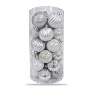 Set 24 globuri de Crăciun, agățătoare incluse, plastic, argintiu/alb-perlat, tub 20 cm - Img 2