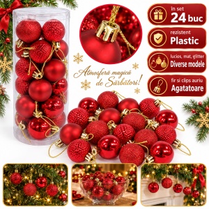 Set 24 globuri de Crăciun roșii, finisaje diverse, plastic, agățătoare aurii, tub 31x11 cm
