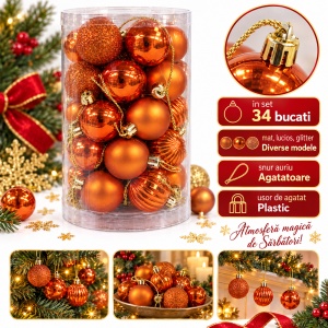 Set 34 buc globuri portocalii, plastic, modele diverse, agățătoare aurie, cutie aprox. 28 × 14 cm