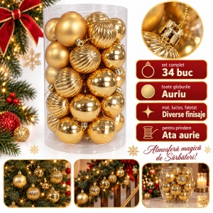 Set 34 globuri de Crăciun aurii, finisaje mate, lucioase și fatetate, plastic, 36x18 cm