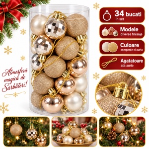 Set 34 globuri de Crăciun pentru brad, șampanie-auriu, plastic, tub 26x13 cm - Img 2