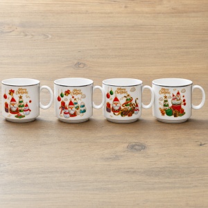 Set 4 căni ceramică de Crăciun, cu suport metalic argintiu, model Moș Crăciun, 21x10cm - Img 3