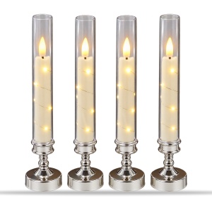 Set 4 lumânări LED cu efect de flacără, suport argintiu, plastic, 29 x 6,5 cm - Img 2