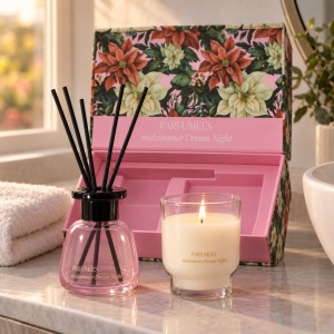 Set aromaterapie cu lumânare parfumată și difuzor cu bețișoare, aromă florală, roz, 24 x 16 cm - Img 3