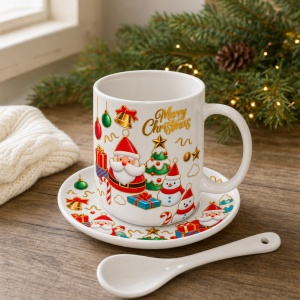 Set cana ceramica cu lingurita si farfurie, model Mos Craciun, Merry Christmas, 16x18cm - Img 2
