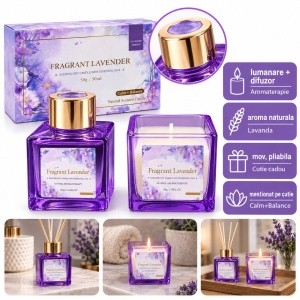 Set cu lumânare din soia și difuzor cu bețișoare, parfum lavanda, cutie mov