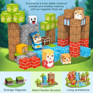 Set cuburi magnetice constructie 3D 57 piese, model ferma, 22x13x3 cm - Img 2