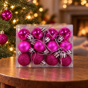 Set de 12 globulete de brad, fucsia , din plastic, modele diverse in set, 3 cm - Img 4