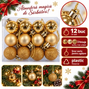 Set de 12 globulete de Crăciun aurii, modele asortate, din plastic, 3 cm