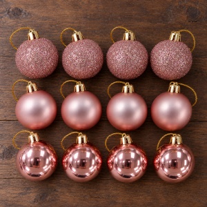 Set de 12 globulete de Craciun, rose-gold, din plastic, modele asortate in set, 3 cm - Img 3