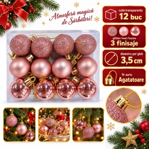 Set de 12 globulete de Craciun, rose-gold, din plastic, modele asortate in set, 3 cm
