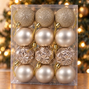Set de 12 Globuri de Crăciun Champagne, 6 cm, Plastic, model Mat, Lucios și cu Sclipici - Img 4