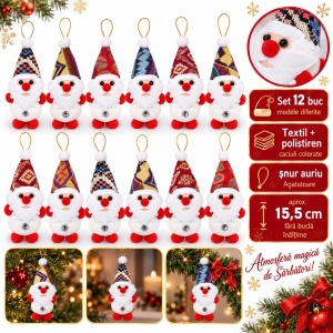 Set de 12 Ornamente pentru brad cu Moș Crăciun, cu șnur auriu, textil și polistiren, 15,5x6,5 cm