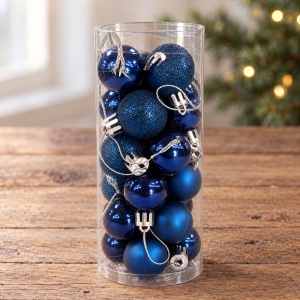 Set de 24 globuri de brad, albastru inchis, din plastic, modele diverse, 20 × 7,5 cm - Img 6
